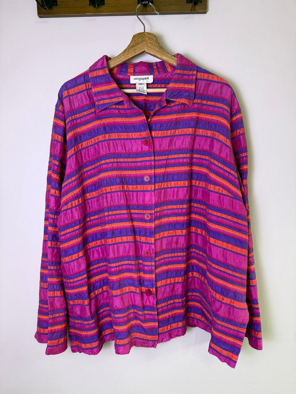 Vintage Easy Spirit 100% Silk Striped Button Front Blouse Pink Purple 3X